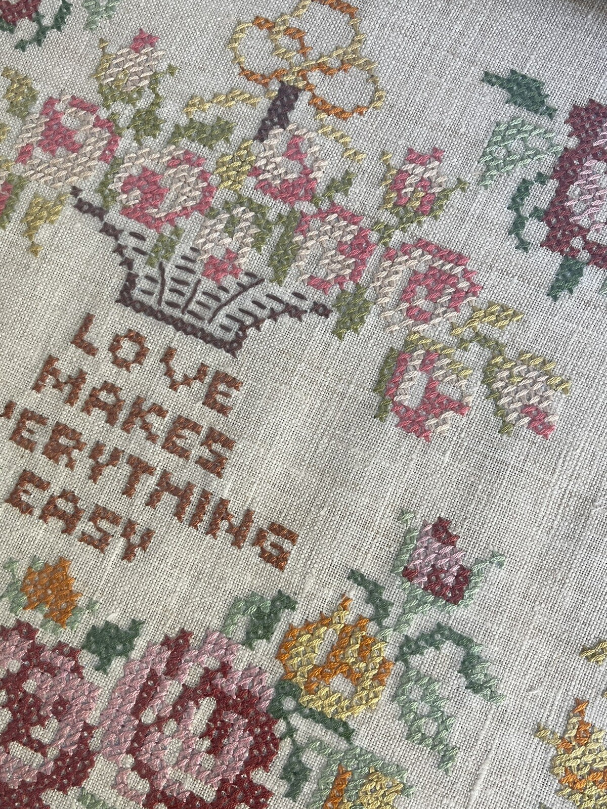 Sampler Art Pair Vintage 1970s Embroidery Needlepoint LOVE Floral Cottage Retro4