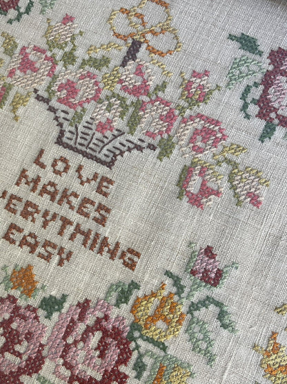 Sampler Art Pair Vintage 1970s Embroidery Needlepoint LOVE Floral Cottage Retro4