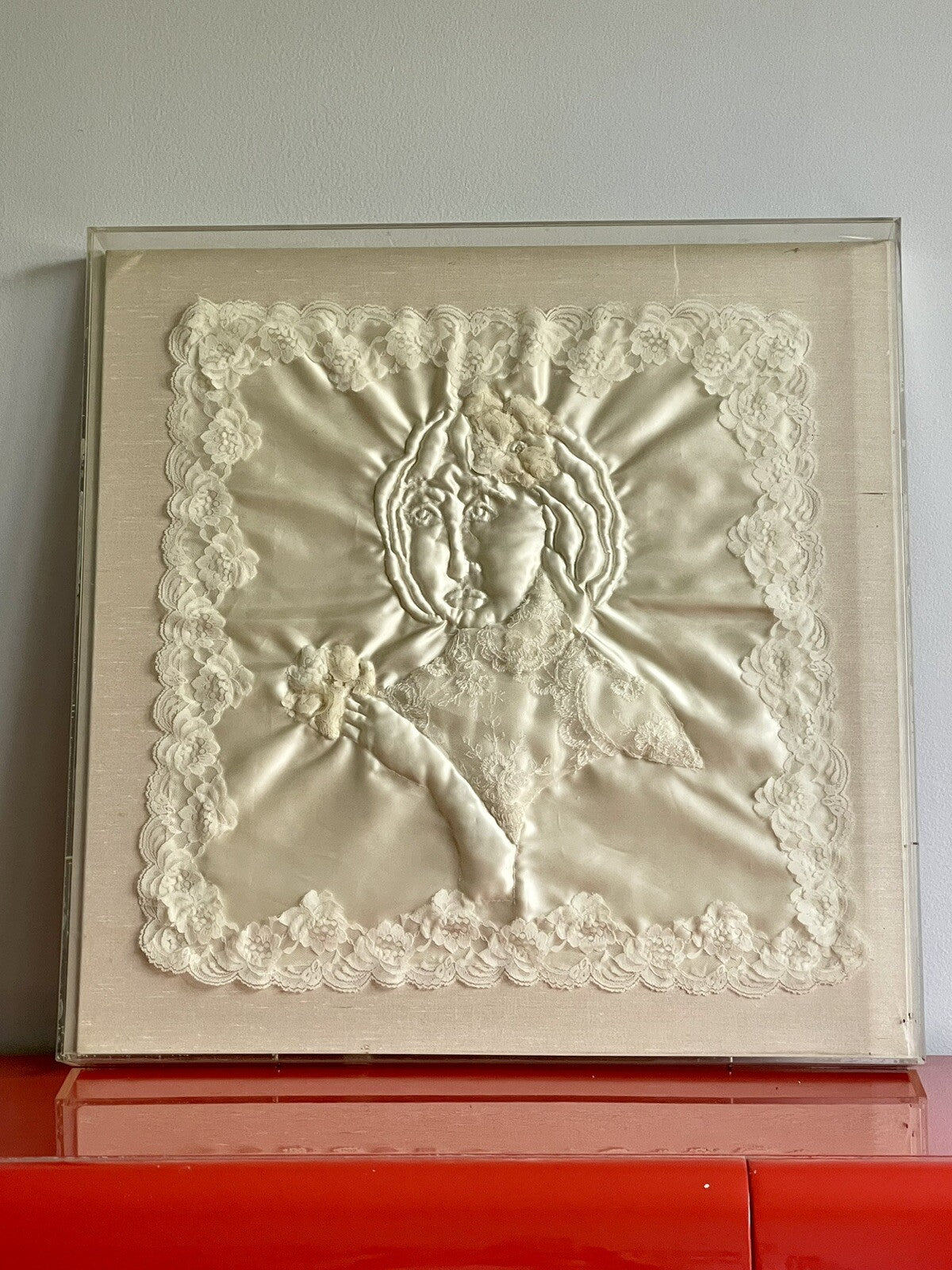 Dimensional Mixed Media Fabric Art Portrait Hand Quilted 1980s Lucite Box Frame0