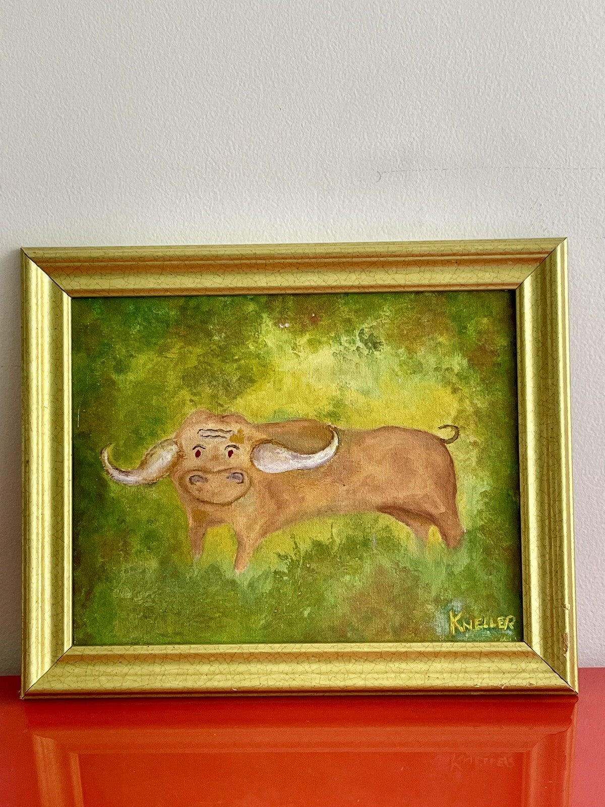 BULL IN THE GRASS Signed KNELLER Outsider Amateur Art 14” x 16” Framed Quirky1