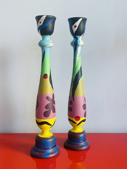 Hand-painted HENRI MATISSE Wooden Candlestick Pair 11” Artisan One Of A Kind1