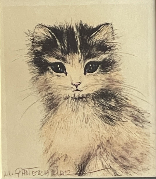 OOAK Cat Kitten Hand-Colored Pastel Lithograph Art Signed Gatterbauer Framed #10