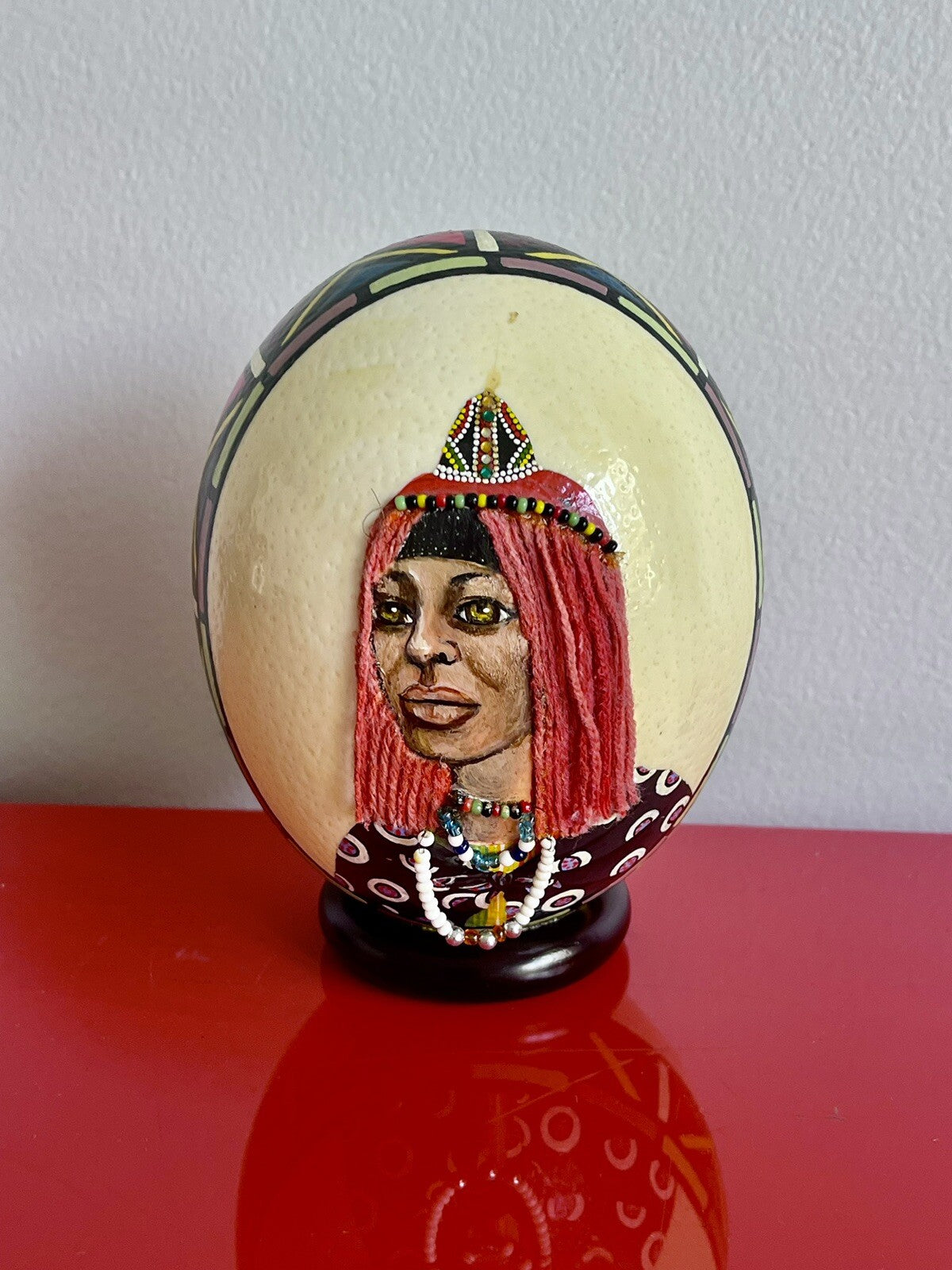 African Vintage Ostrich Egg Hand Painted Beaded Woman Portrait 6” SIGNED1