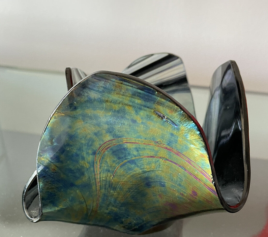 Iridescent Fazzoletto Folded Handkerchief Art Glass Signed Vintage 4” x 6” Excl1