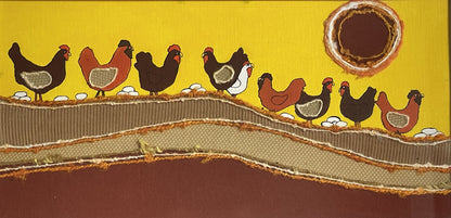 Chickens Hens Eggs Unique Painted Yarn Patchwork Fabrics Mixed Media Art Vintage1