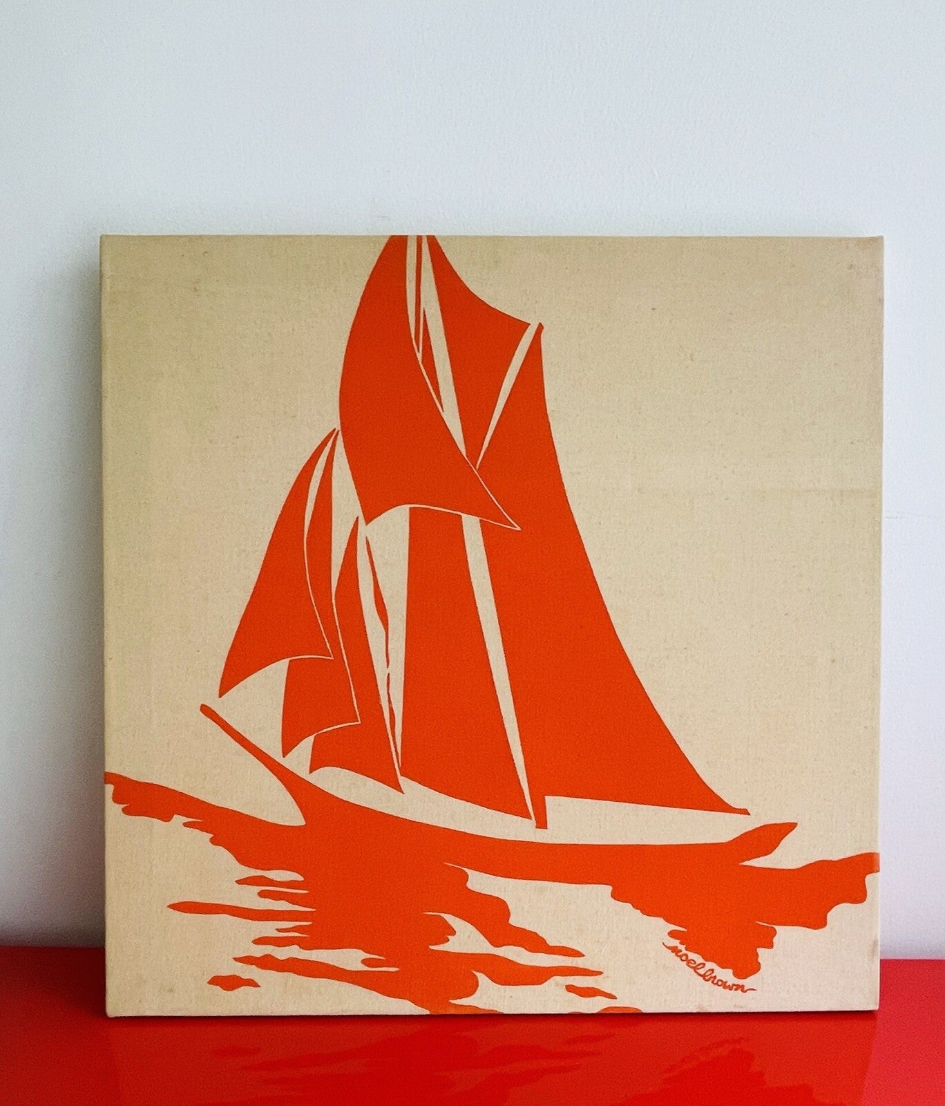 1970s Canvas Fabric Art SAILBOAT Noel Brown Dallas Texas Retro MOD 24” Sq0