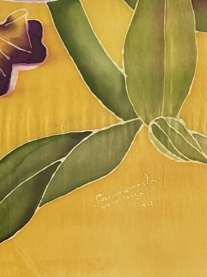 Painted Silk Batik Tropical Orchid Flower Framed Art Signed & Dated 1994 19” Sq2