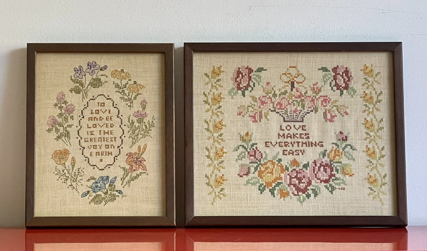 Sampler Art Pair Vintage 1970s Embroidery Needlepoint LOVE Floral Cottage Retro0