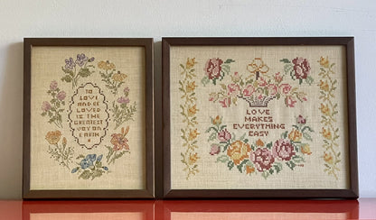Sampler Art Pair Vintage 1970s Embroidery Needlepoint LOVE Floral Cottage Retro0