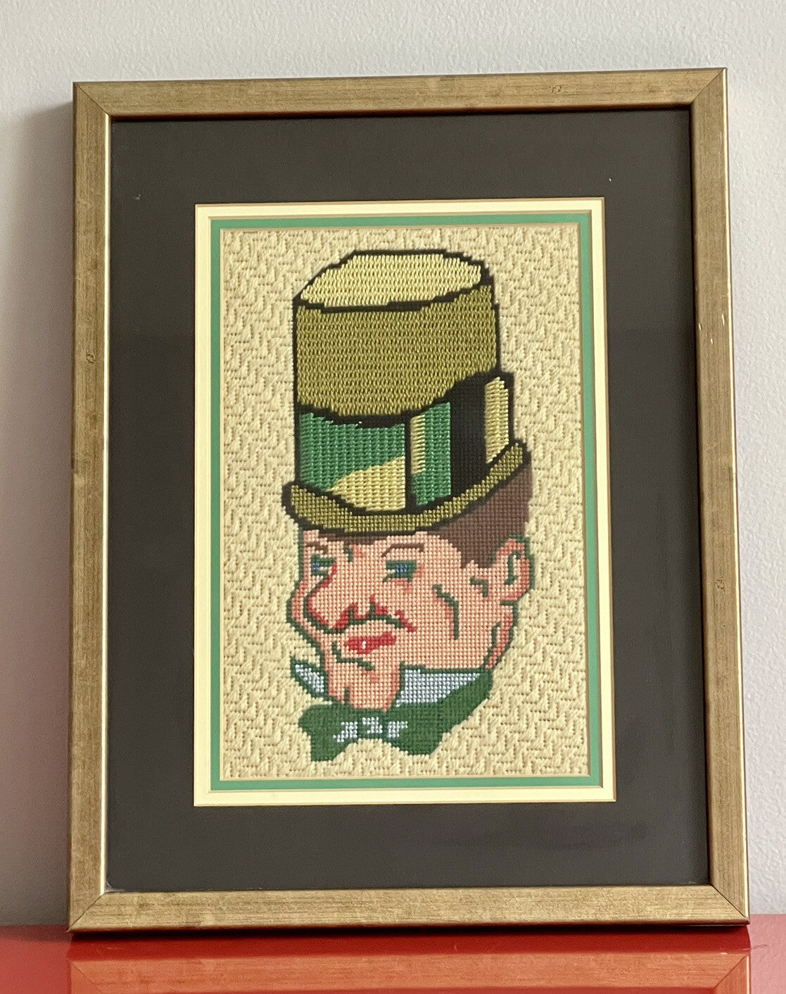 Weird Vintage Leprechaun Needlepoint Bargello Retro Art 14” x 17” Framed0