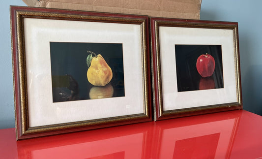 Vintage 60s Fruit Prints Apple & Pear Retro Art Hyperrealism NEL CARY Pr Framed0