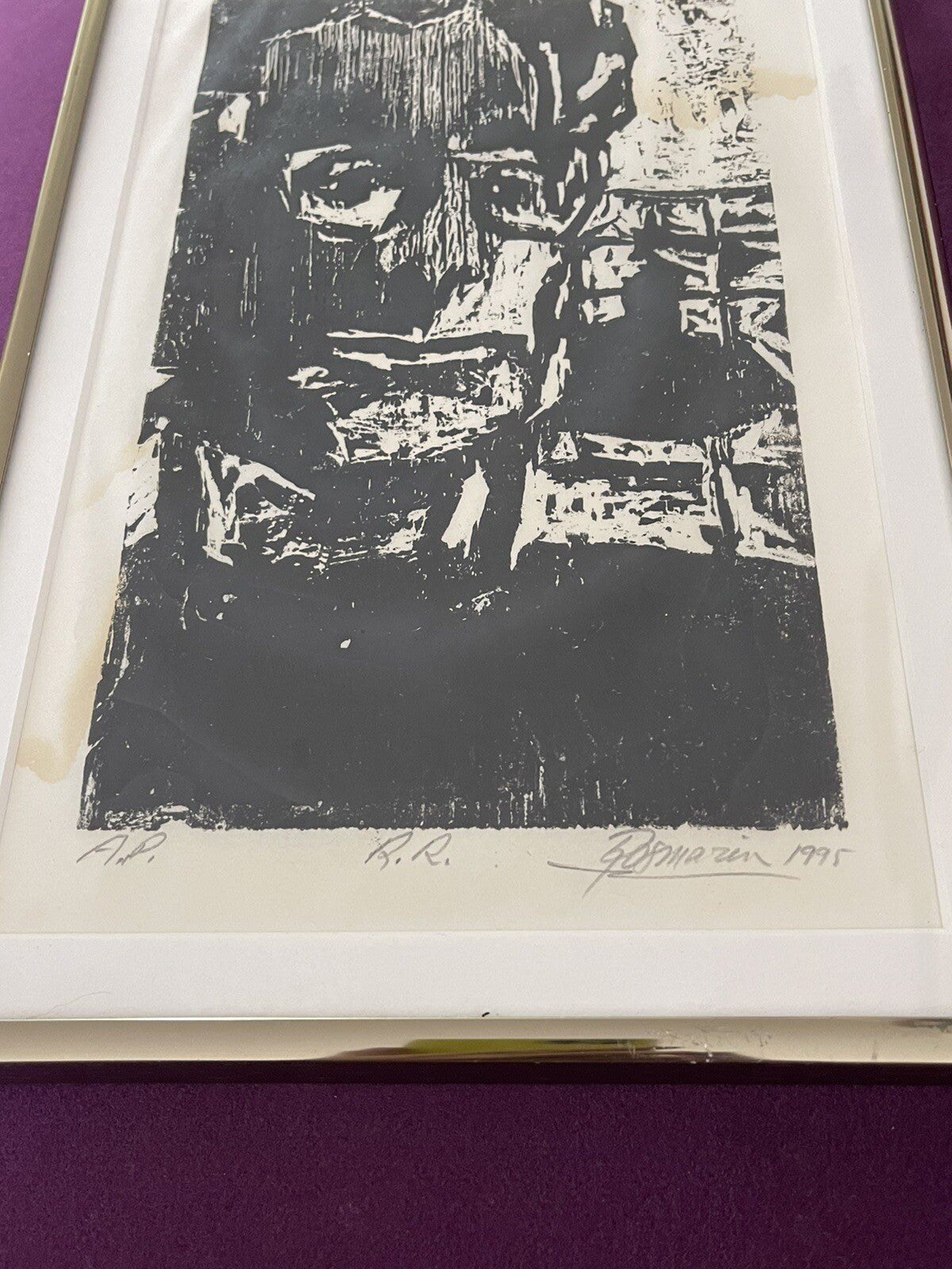 Brutalist Modernist Woodcut Woodblock Print Art Portrait ‘95 Signed Artist Proof1