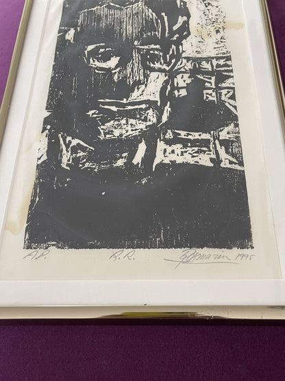 Brutalist Modernist Woodcut Woodblock Print Art Portrait ‘95 Signed Artist Proof1
