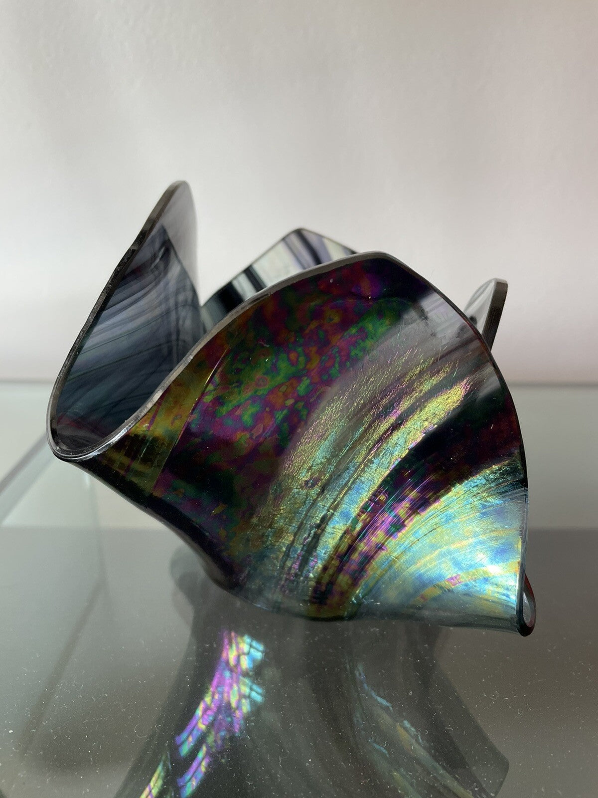 Iridescent Fazzoletto Folded Handkerchief Art Glass Signed Vintage 4” x 6” Excl5