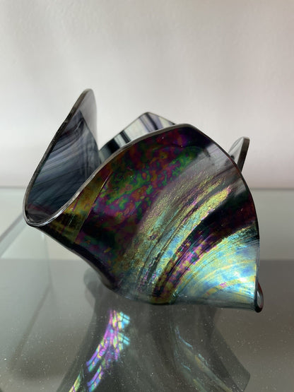 Iridescent Fazzoletto Folded Handkerchief Art Glass Signed Vintage 4” x 6” Excl5