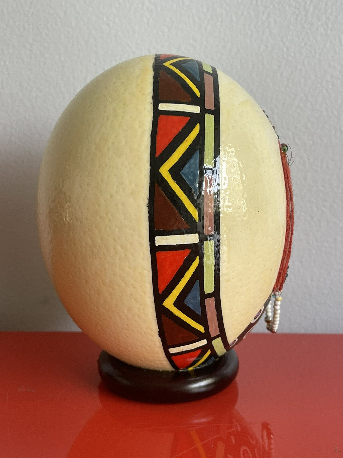 African Vintage Ostrich Egg Hand Painted Beaded Woman Portrait 6” SIGNED2