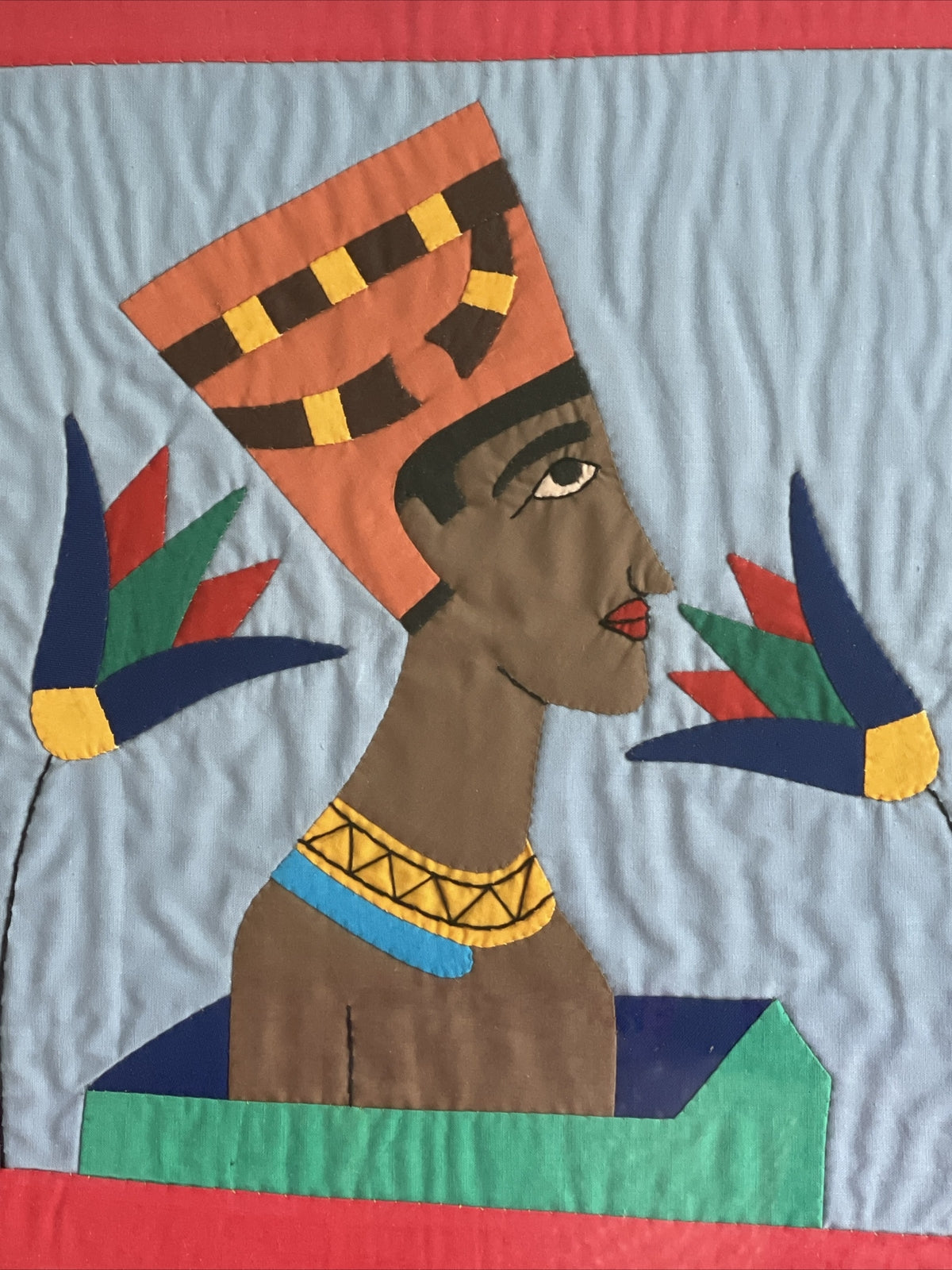 Quilted Trapunto Fabric Framed Art HISTORIC EGYPTIAN 18” Vintage 1970s 1980s0