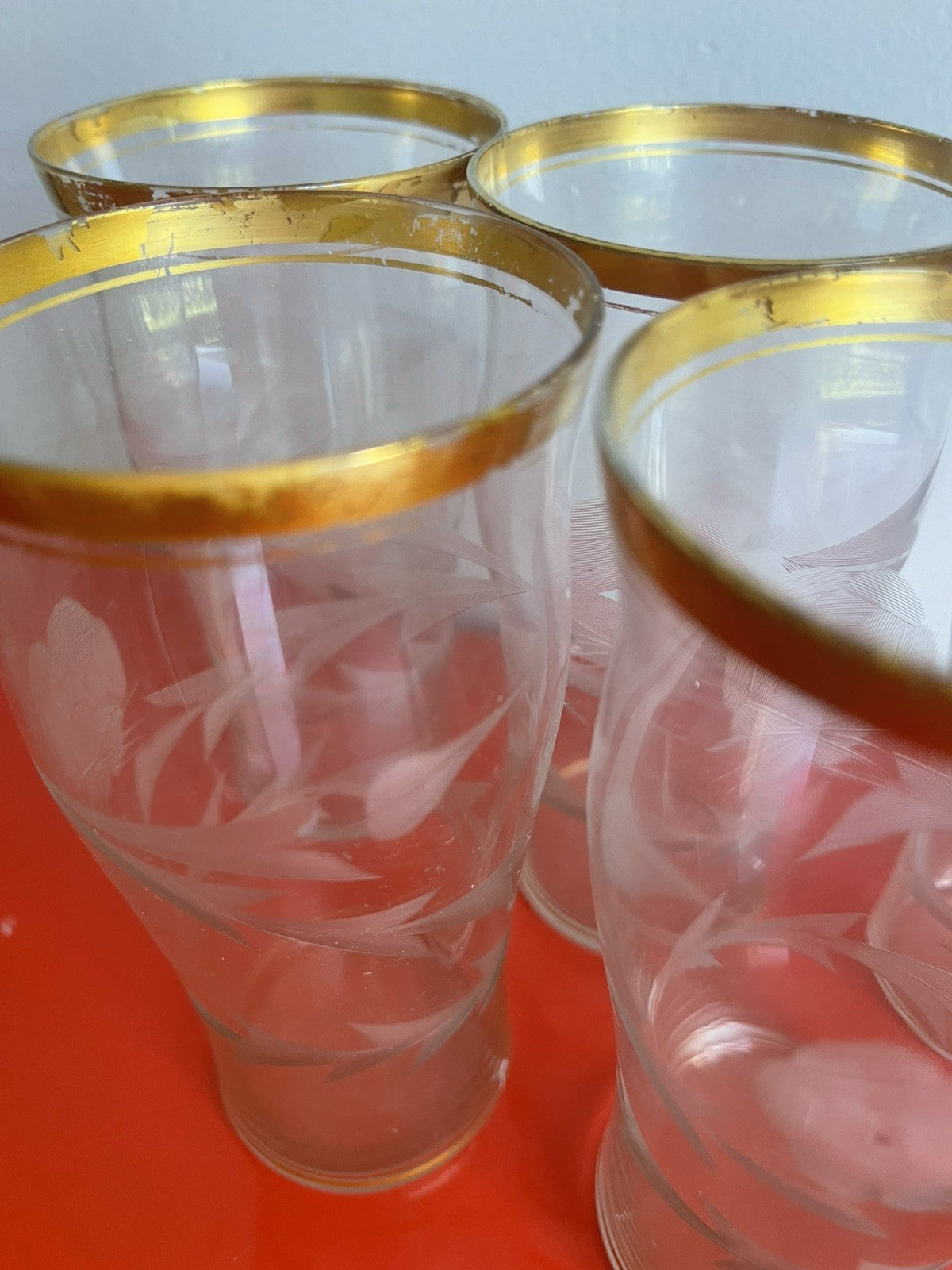 Delicate Vintage MCM Gold Rimmed Floral Etched Glass Tumblers 5.75” x 3” Moser?3