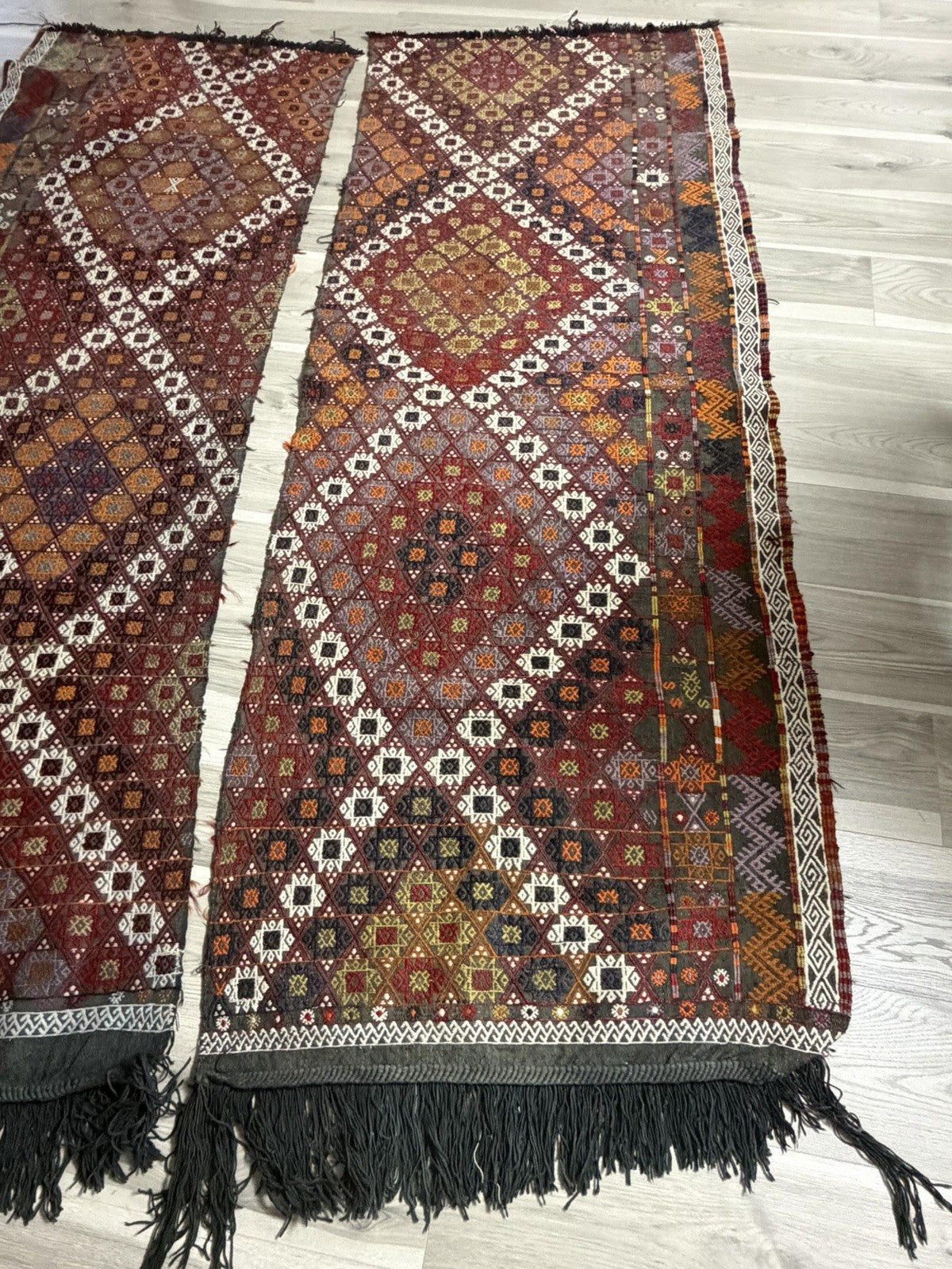 Antique Turkish Kilim Rugs 30” x 90” (x2) Hand Knotted Wool Rustic Boho Decor1