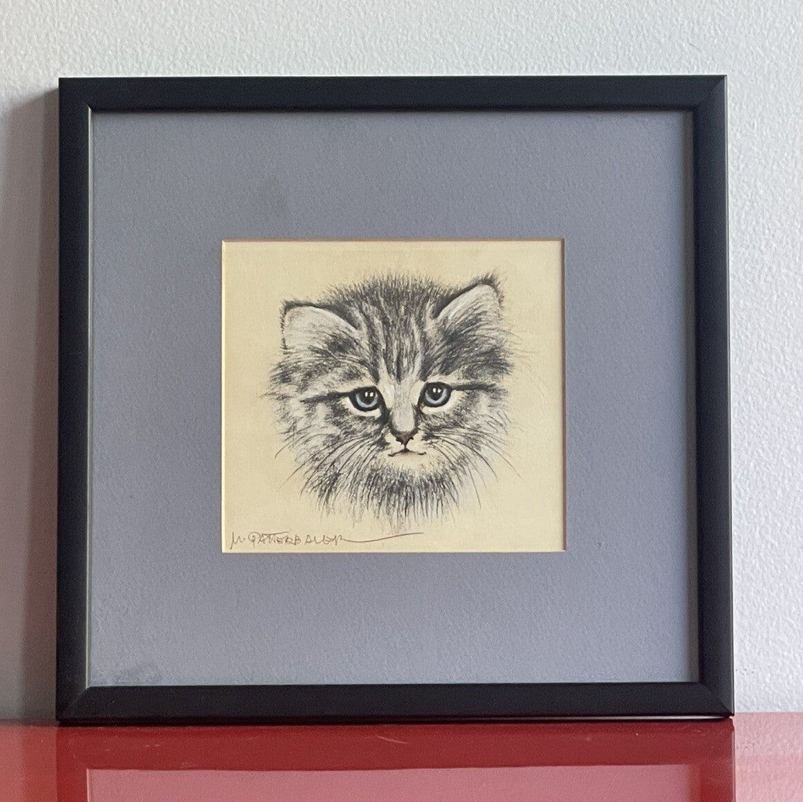 OOAK Cat Kitten Hand-Colored Pastel Lithograph Art Signed Gatterbauer Framed #21