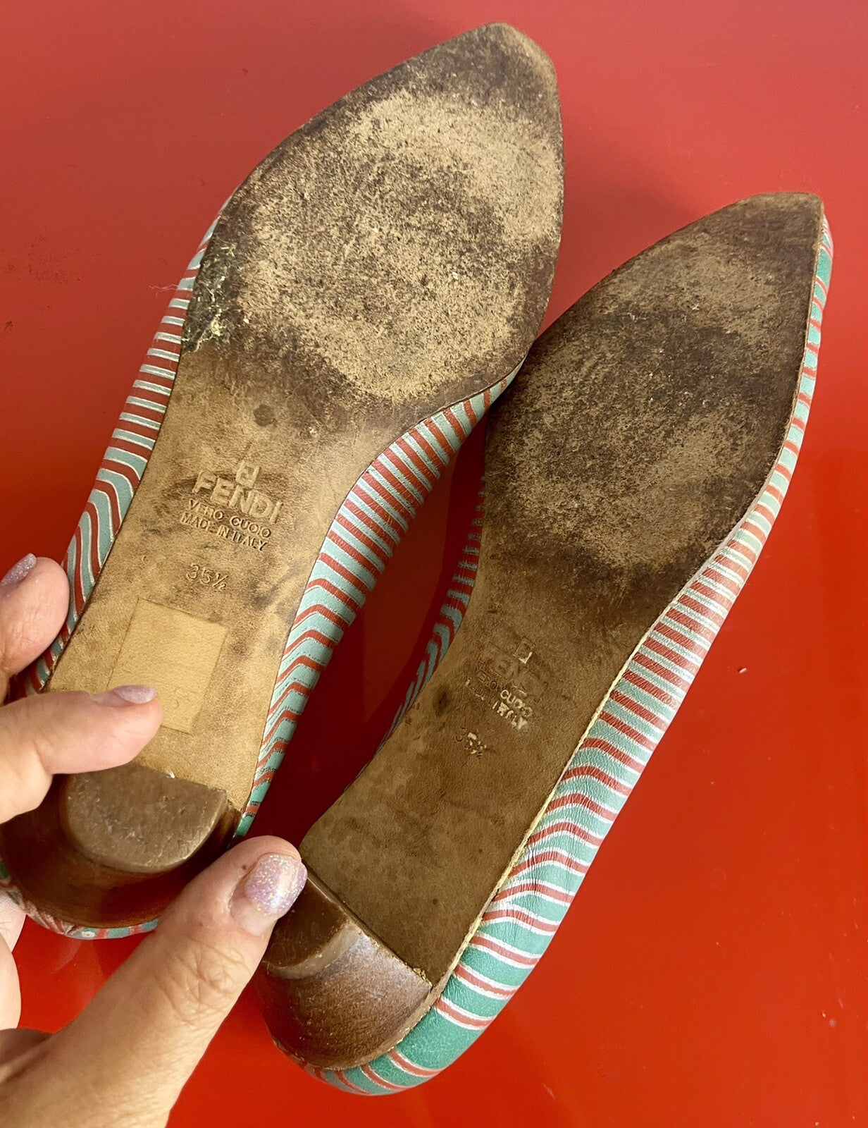 FENDI RETRO Size 35-1/2 Italy Vintage 80s 90s Kitten Heel Spring Striped Pumps6