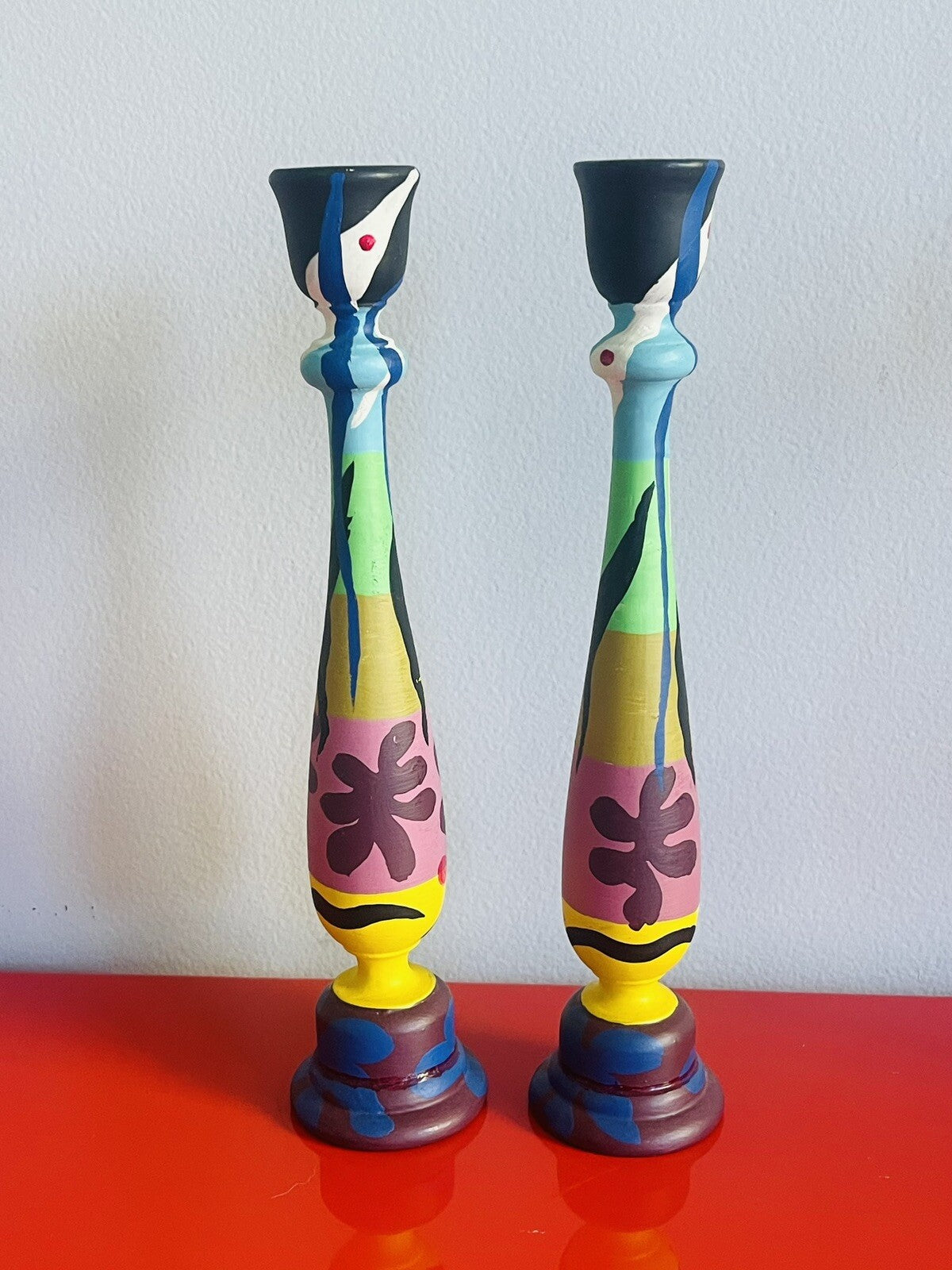Hand-painted HENRI MATISSE Wooden Candlestick Pair 11” Artisan One Of A Kind0