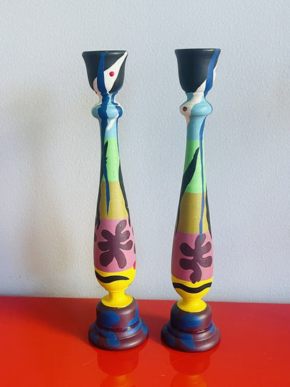 Hand-painted HENRI MATISSE Wooden Candlestick Pair 11” Artisan One Of A Kind0