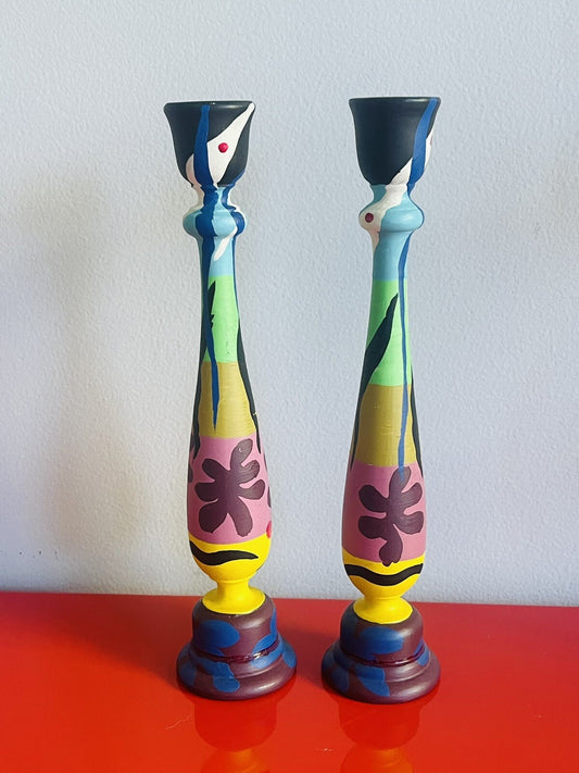 Hand-painted HENRI MATISSE Wooden Candlestick Pair 11” Artisan One Of A Kind0