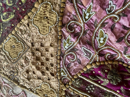 62” x 44” Antique Tapestry Wall Hanging Embellished w Sequins Pearls Gold Thread6