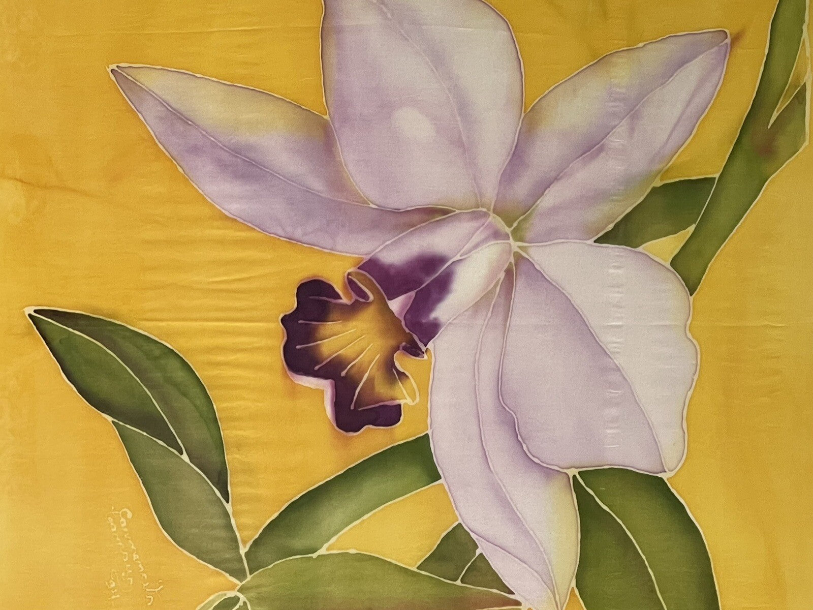 Painted Silk Batik Tropical Orchid Flower Framed Art Signed & Dated 1994 19” Sq1