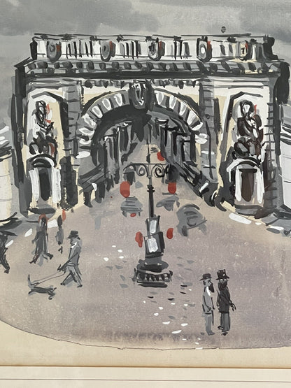 Orig. 1950 Parisian Arch Painting Fine Art Midcentury Watercolor Gouache Signed2