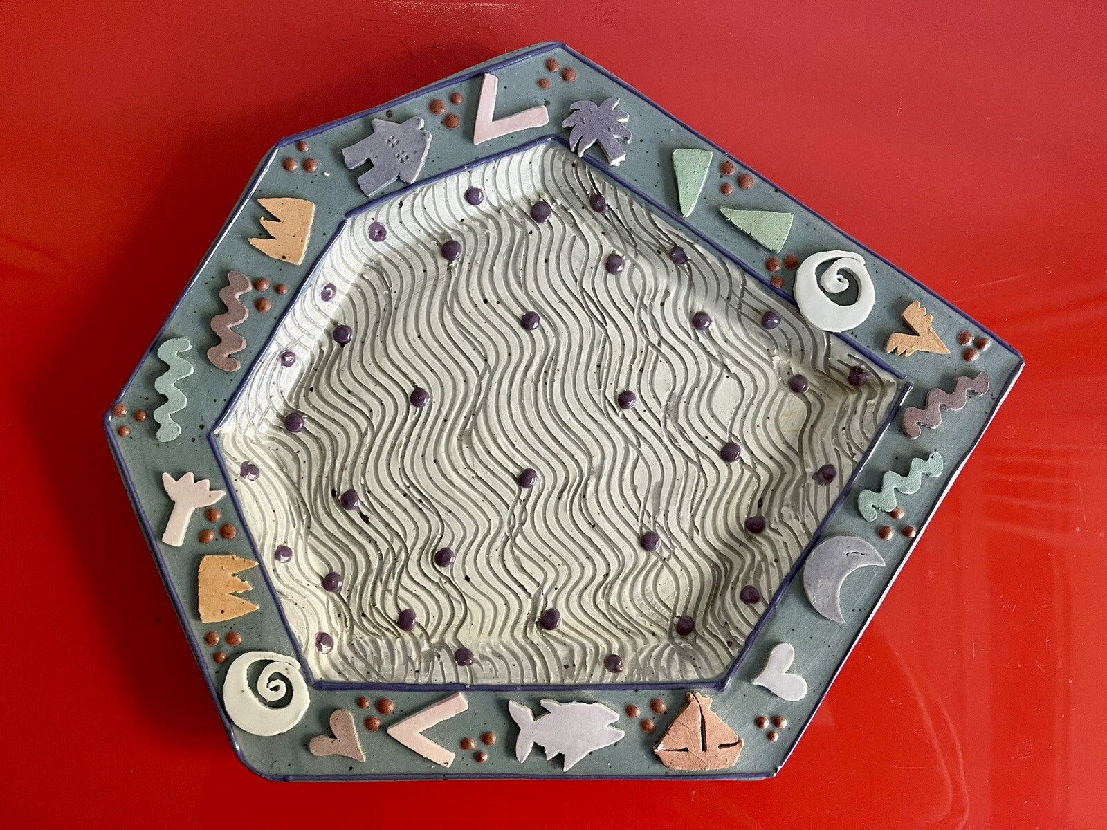 Cunningham Pottery Retro Studio Pop Art Ceramic Plate 80s Era Funky Wall Decor0