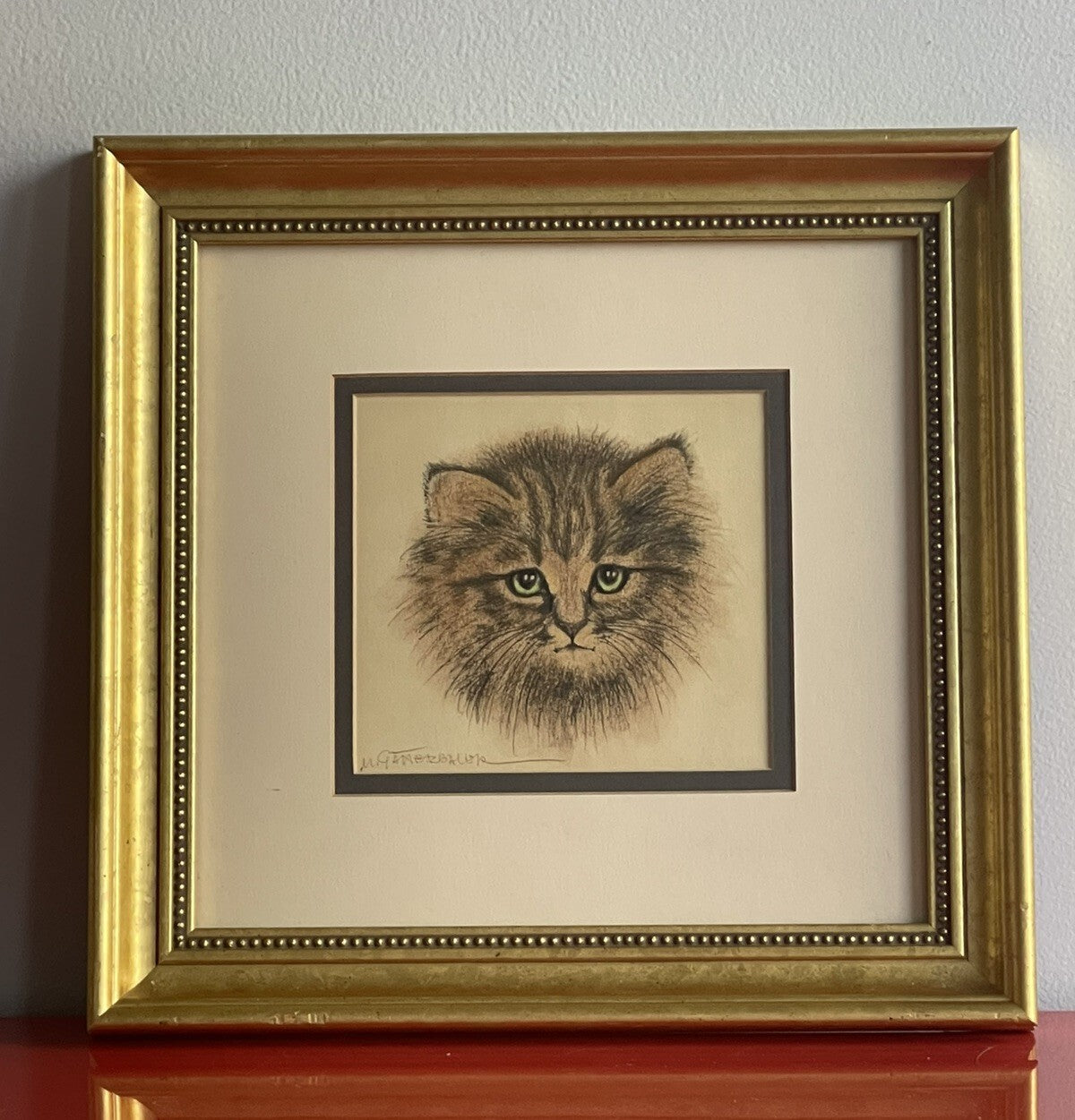 OOAK Cat Kitten Hand-Colored Pastel Lithograph Art Signed Gatterbauer Framed #61