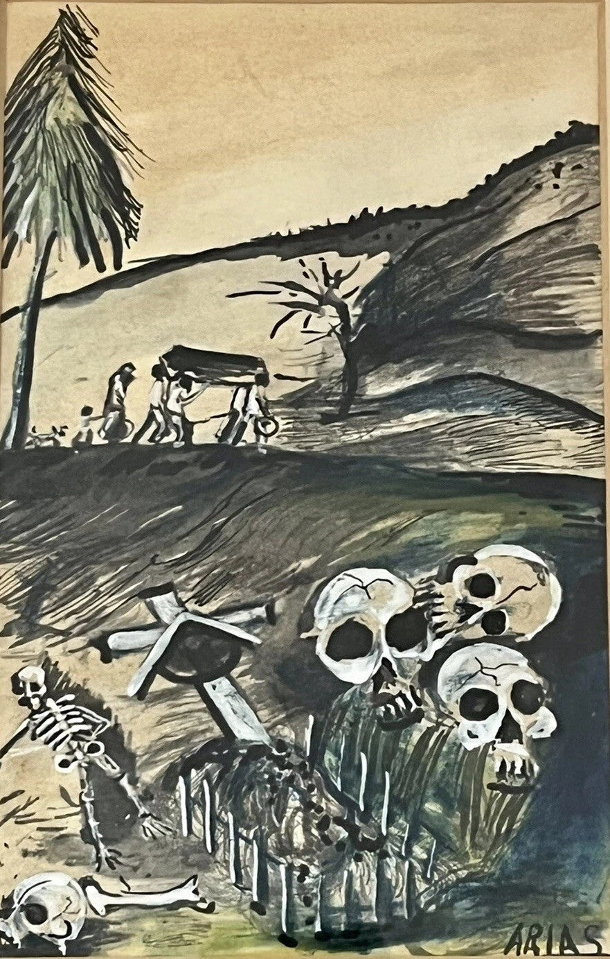 Eerie Funeral Grave Skulls Creepy Modernist Art Watercolor Gouache Signed ARIAS0
