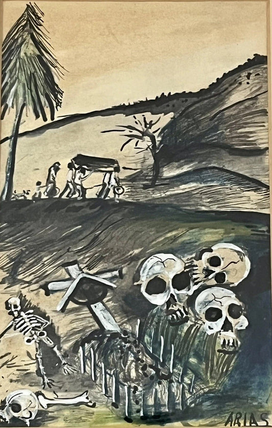 Eerie Funeral Grave Skulls Creepy Modernist Art Watercolor Gouache Signed ARIAS0