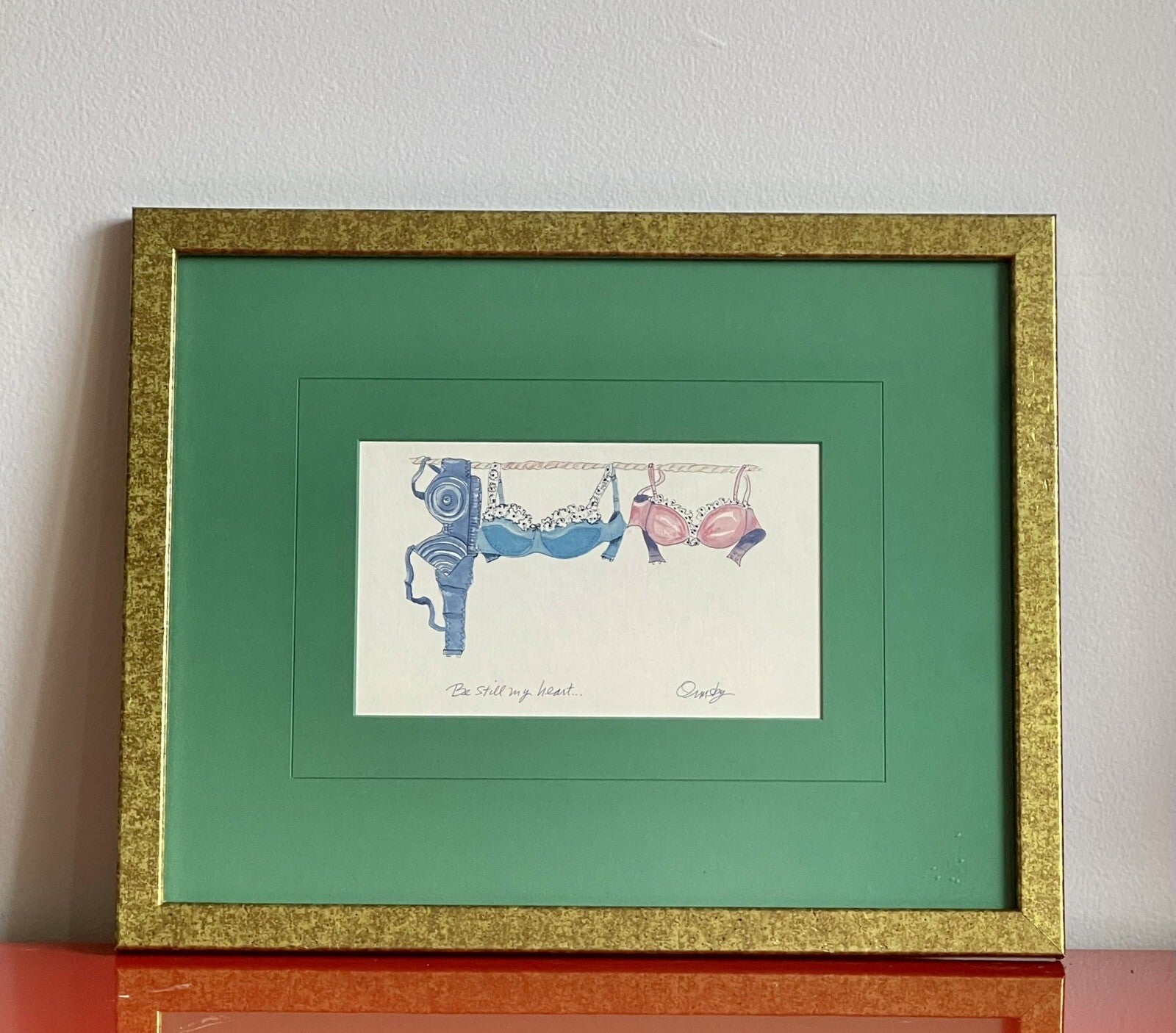Watercolor BRASSIERE BRA Paintings Signed Frame Whimsical Bathroom Boudoir Decor2