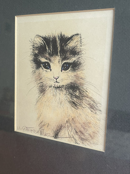 OOAK Cat Kitten Hand-Colored Pastel Lithograph Art Signed Gatterbauer Framed #13