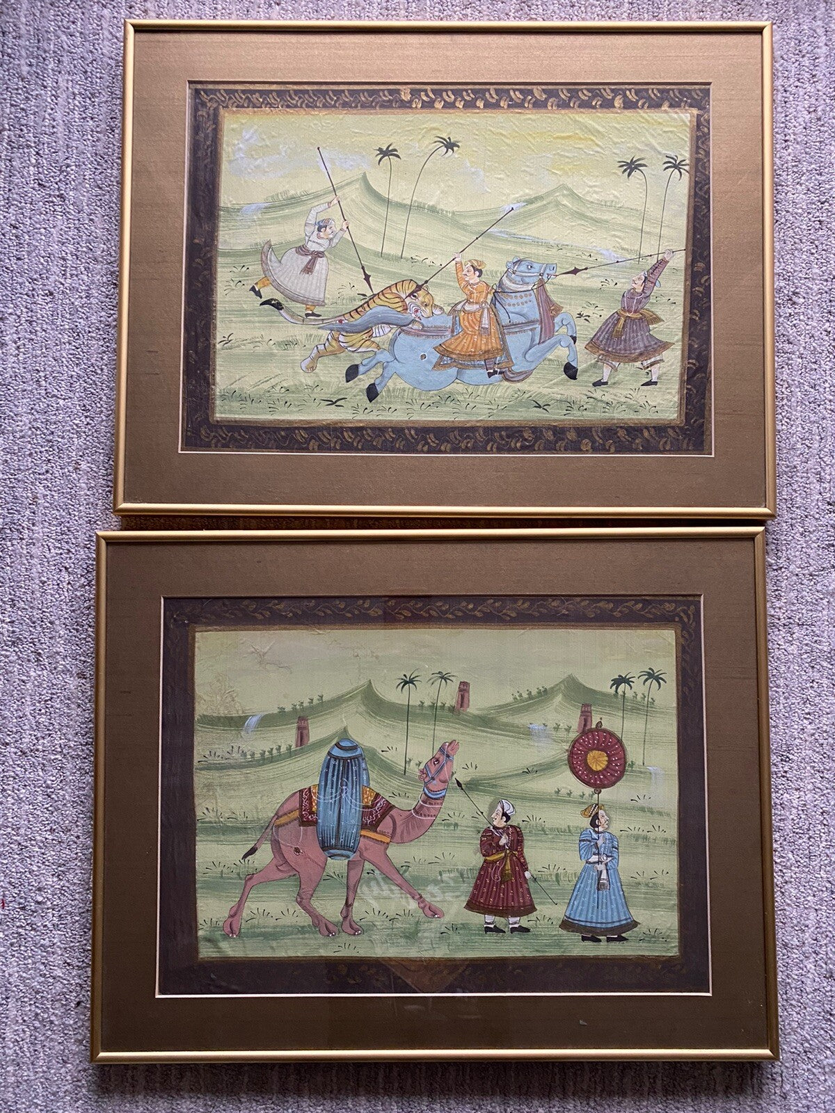 Persian Hunting Scenes Rajasthani Mughal Framed Silk Art Antique 19th Century0