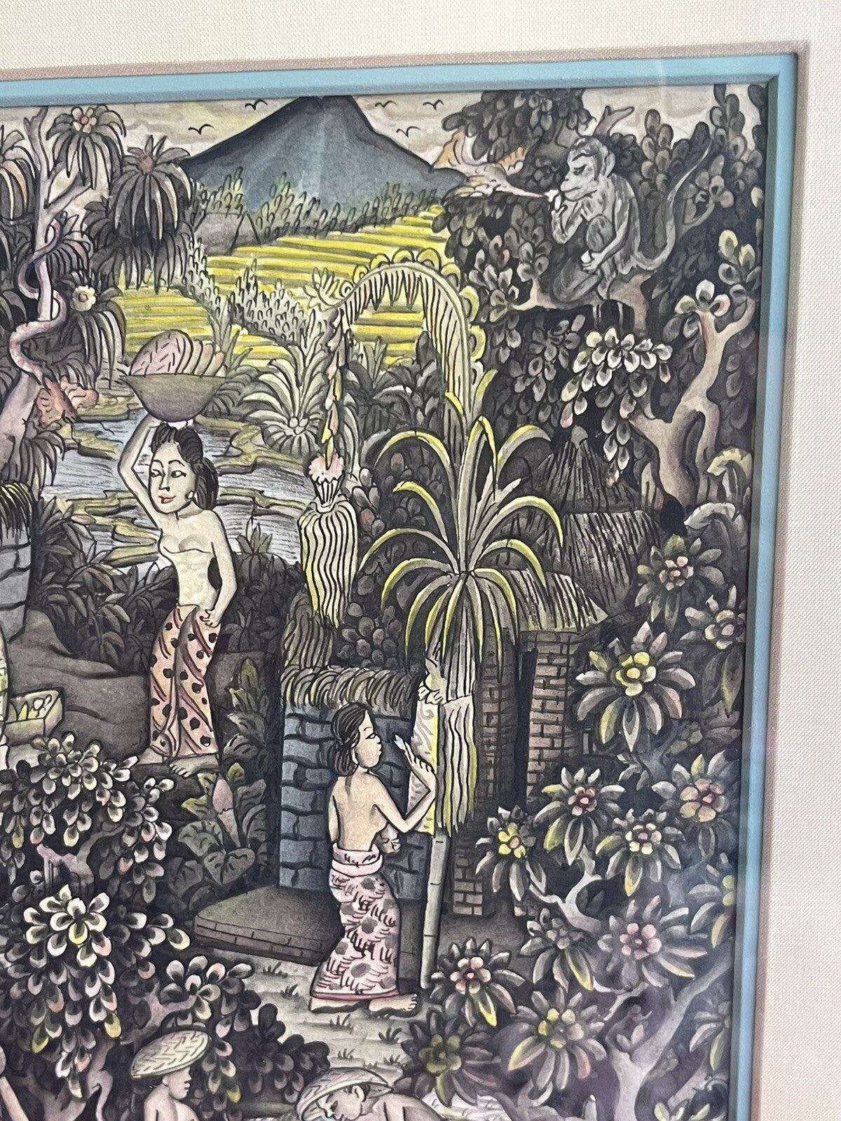 1950s Indonesian Batuan Bali Ink & Watercolor Allegory Painting Midcentury Mod5