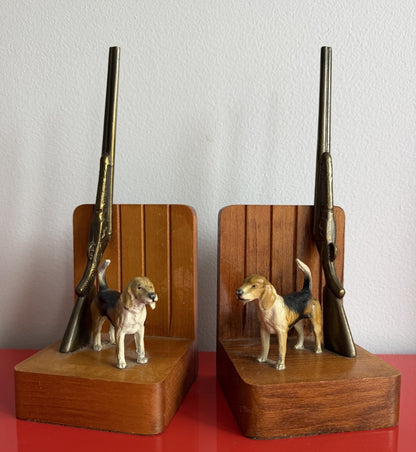 Retro Bookends Hunting Pointer Dogs Shotguns MCM Man Cave Cold Painted Metal Mod0