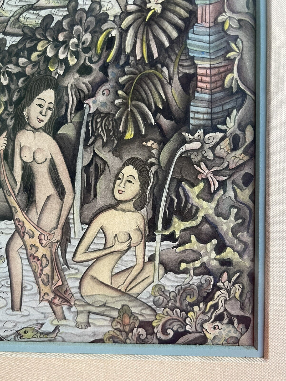 1950s Indonesian Batuan Bali Ink & Watercolor Allegory Painting Midcentury Mod0