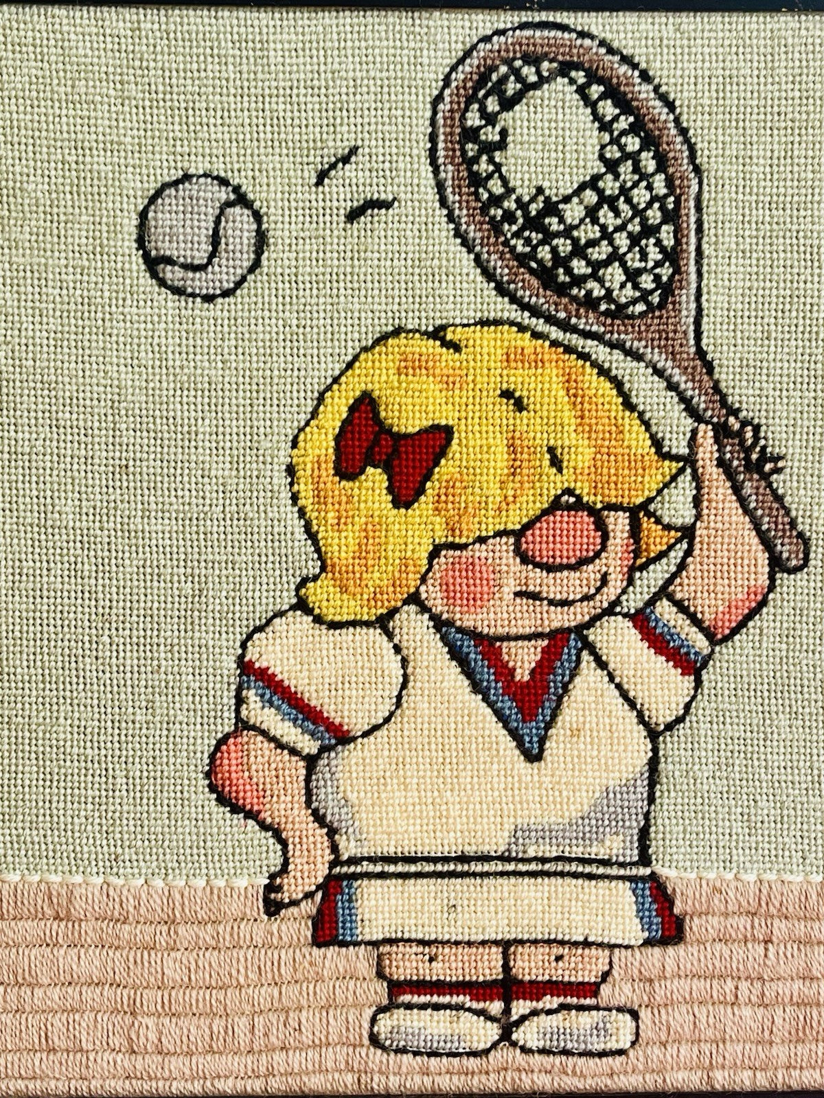 Comic 1970s Framed Sports Needlepoints GOLF TENNIS Groovy Kitsch Retro 16” x 16”2