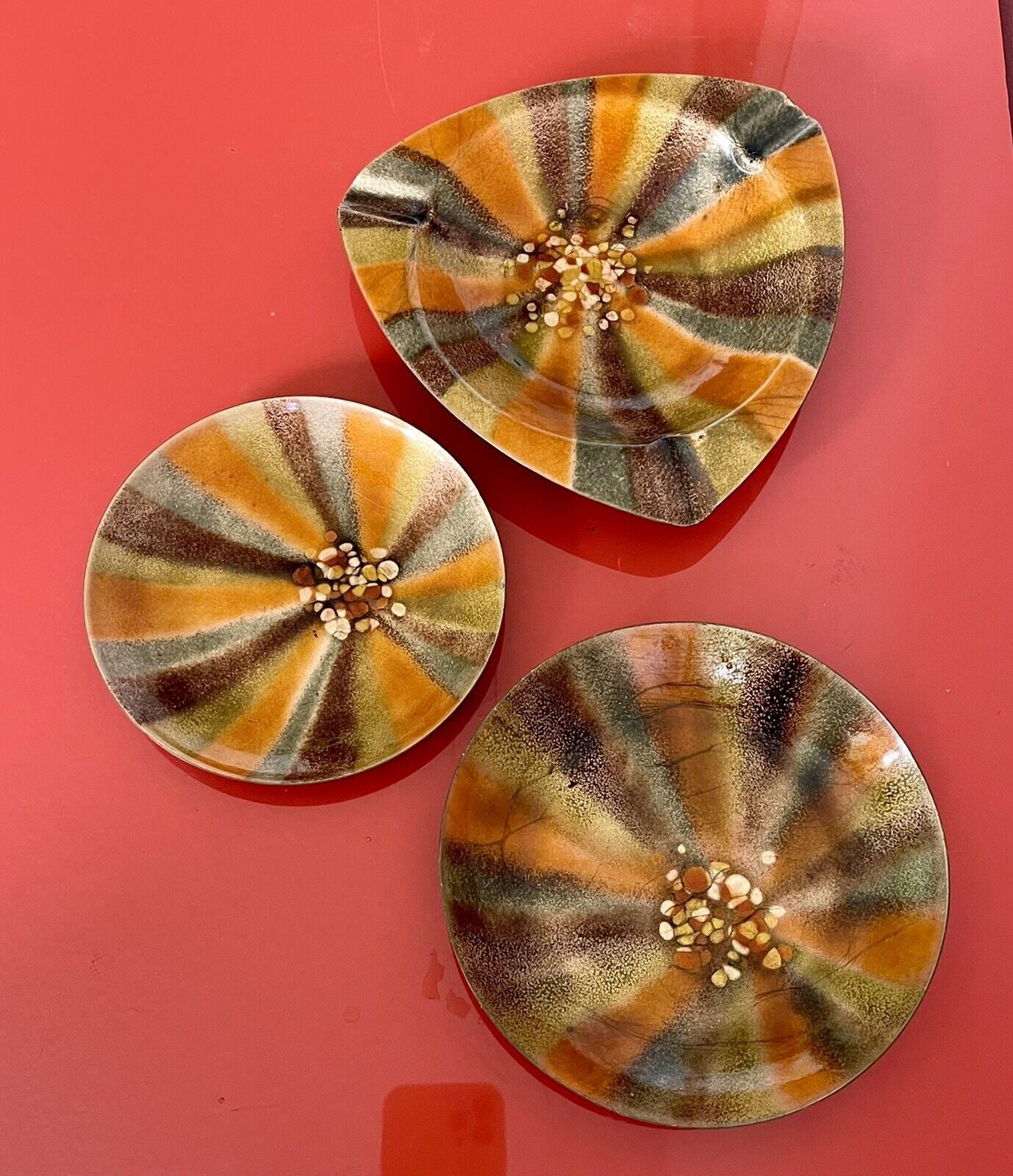 Vintage 1960s Retro Copper Enamel Set 3X Signed Shulman MCM Abstract Sunburst0