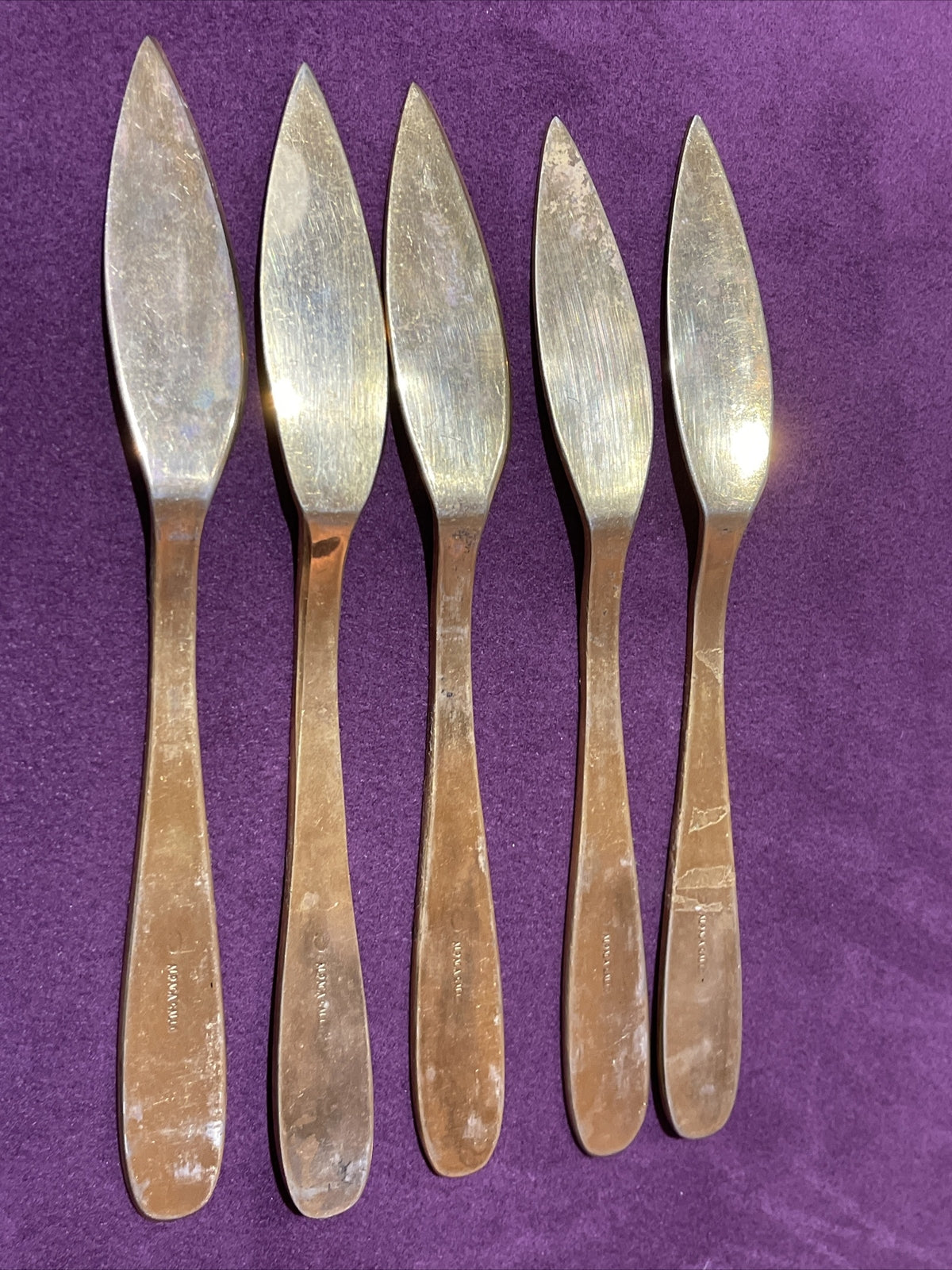 Antique Gallo Alpaca Fish Knives Set of 5 Gold Plated Ornate Enamel Estate MCM1