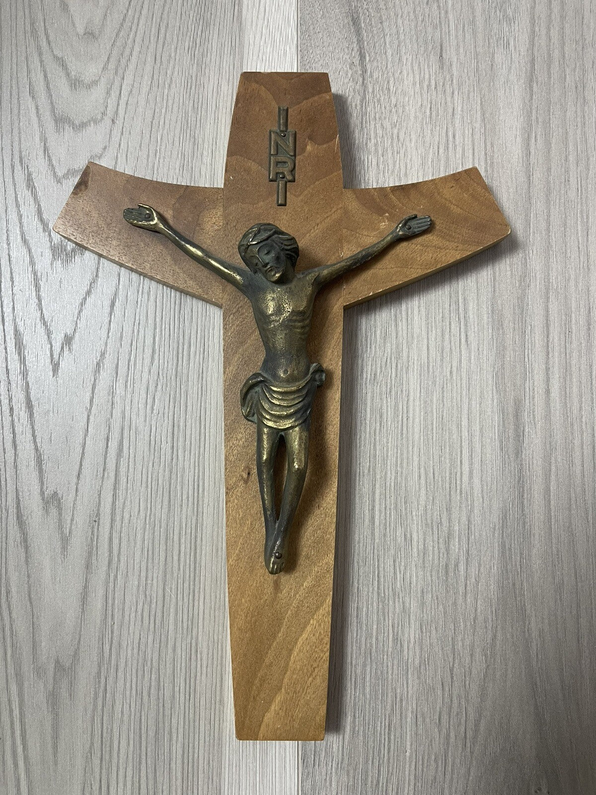 Modernist Bronze Brass & Wood Wall Cross Crucifix 12” MCM Retro Vintage Style1