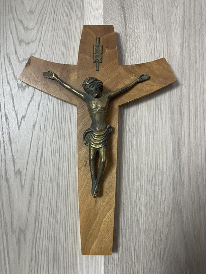 Modernist Bronze Brass & Wood Wall Cross Crucifix 12” MCM Retro Vintage Style1