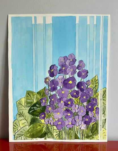 Purple Morning Glory Flowers Watercolor Painting Still Life Signed Original Art0
