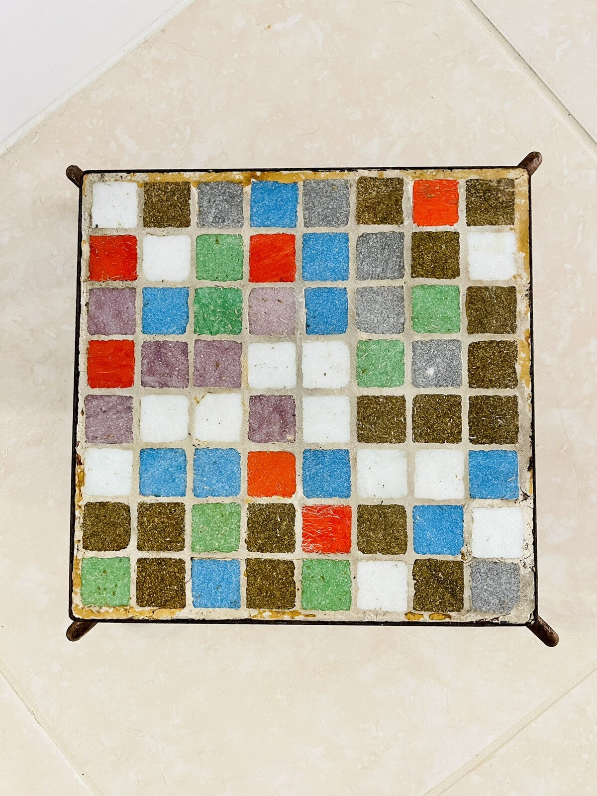 MCM Mosaic Plant Stand Tile Top Wrought Iron Low Trivet Retro Vintage EUC Funky1