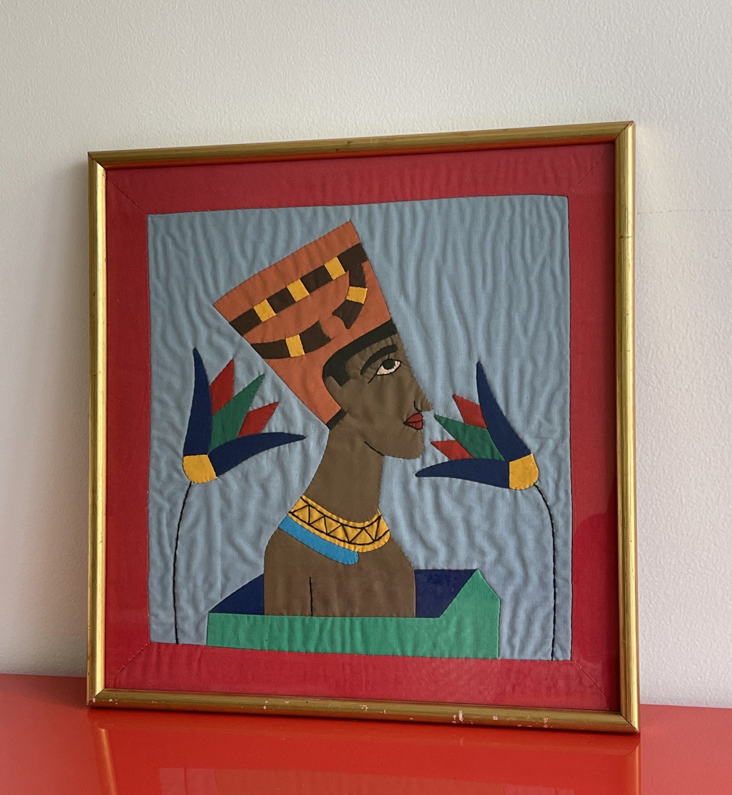 Quilted Trapunto Fabric Framed Art HISTORIC EGYPTIAN 18” Vintage 1970s 1980s1
