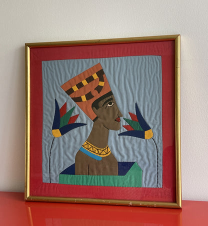 Quilted Trapunto Fabric Framed Art HISTORIC EGYPTIAN 18” Vintage 1970s 1980s1